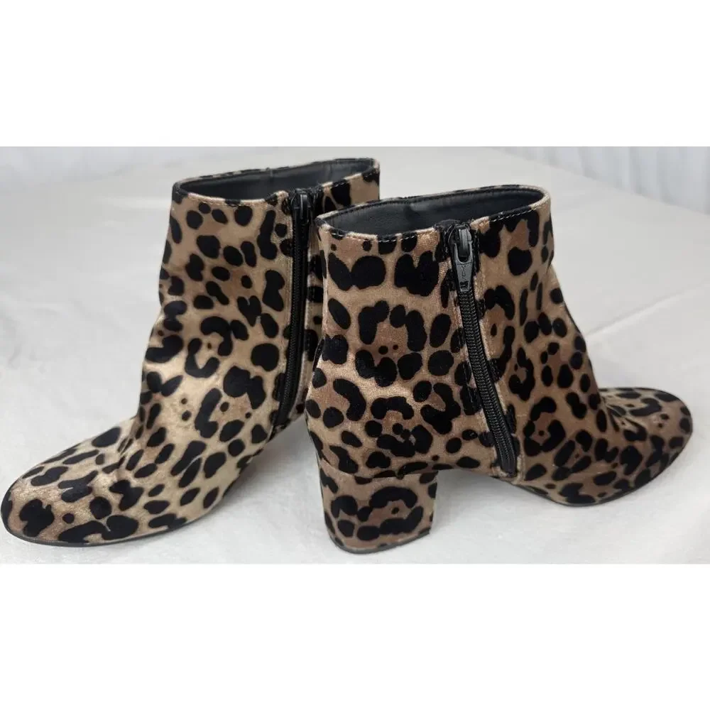 A New Day Leopard Print Ankle Booties Women's 7.5 Velvet Side Zip 2.25